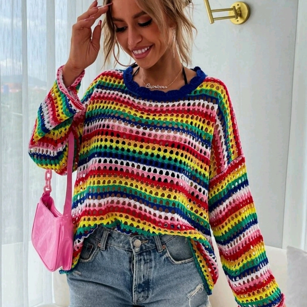 Open Knit Rainbow Stripe Sweater - Picture 7 of 8